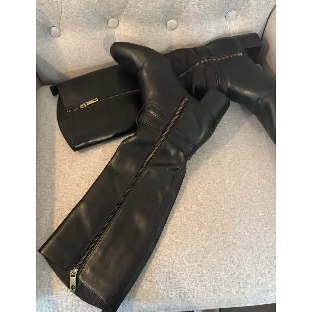 Tory Burch Donavan Riding Boots Black Leather Gold Logo Harness Knee High 7.5 - Picture 8 of 16